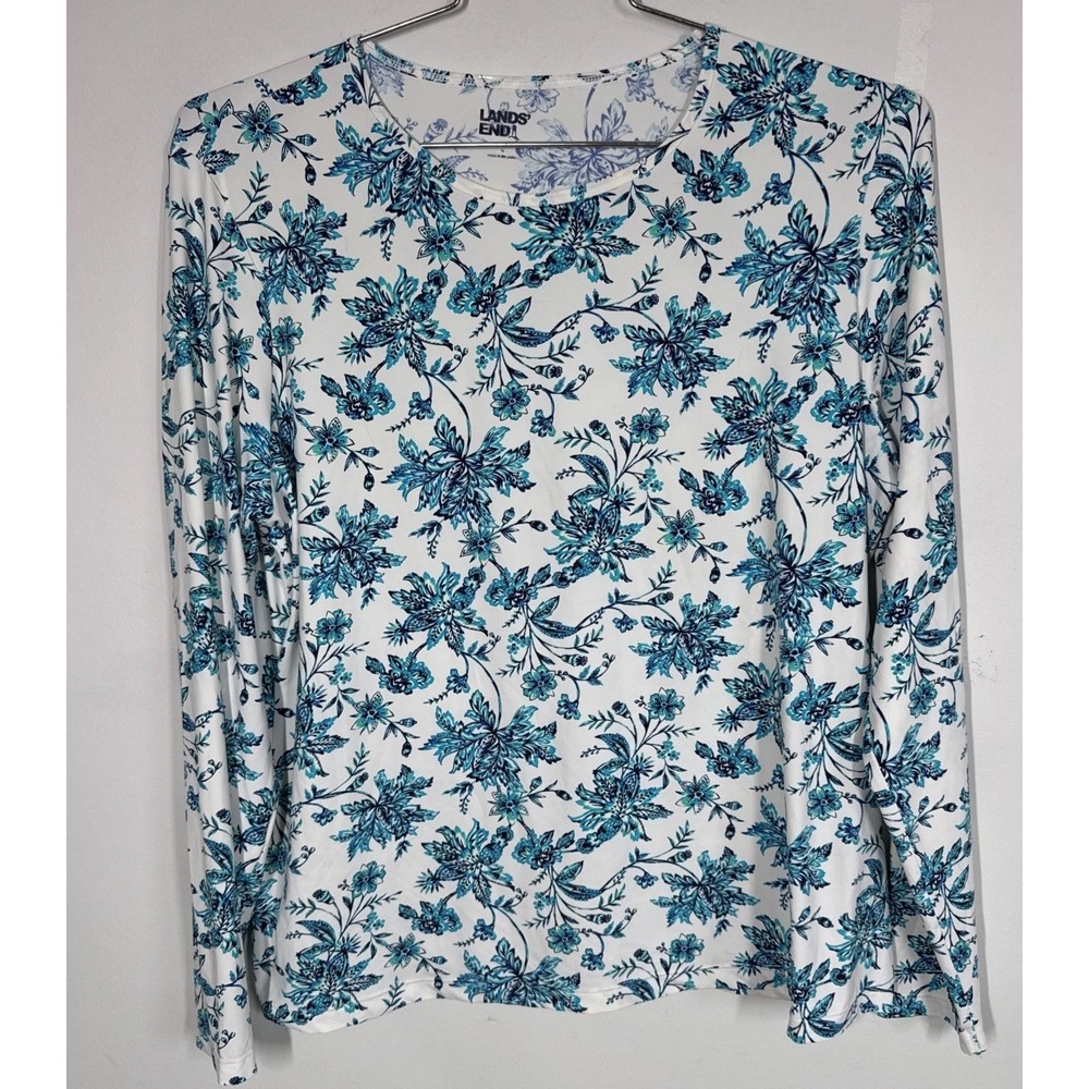 Lands End Women's Rash-guard Swimsuit Top  Long Sleeve Size XL Navy Green Floral